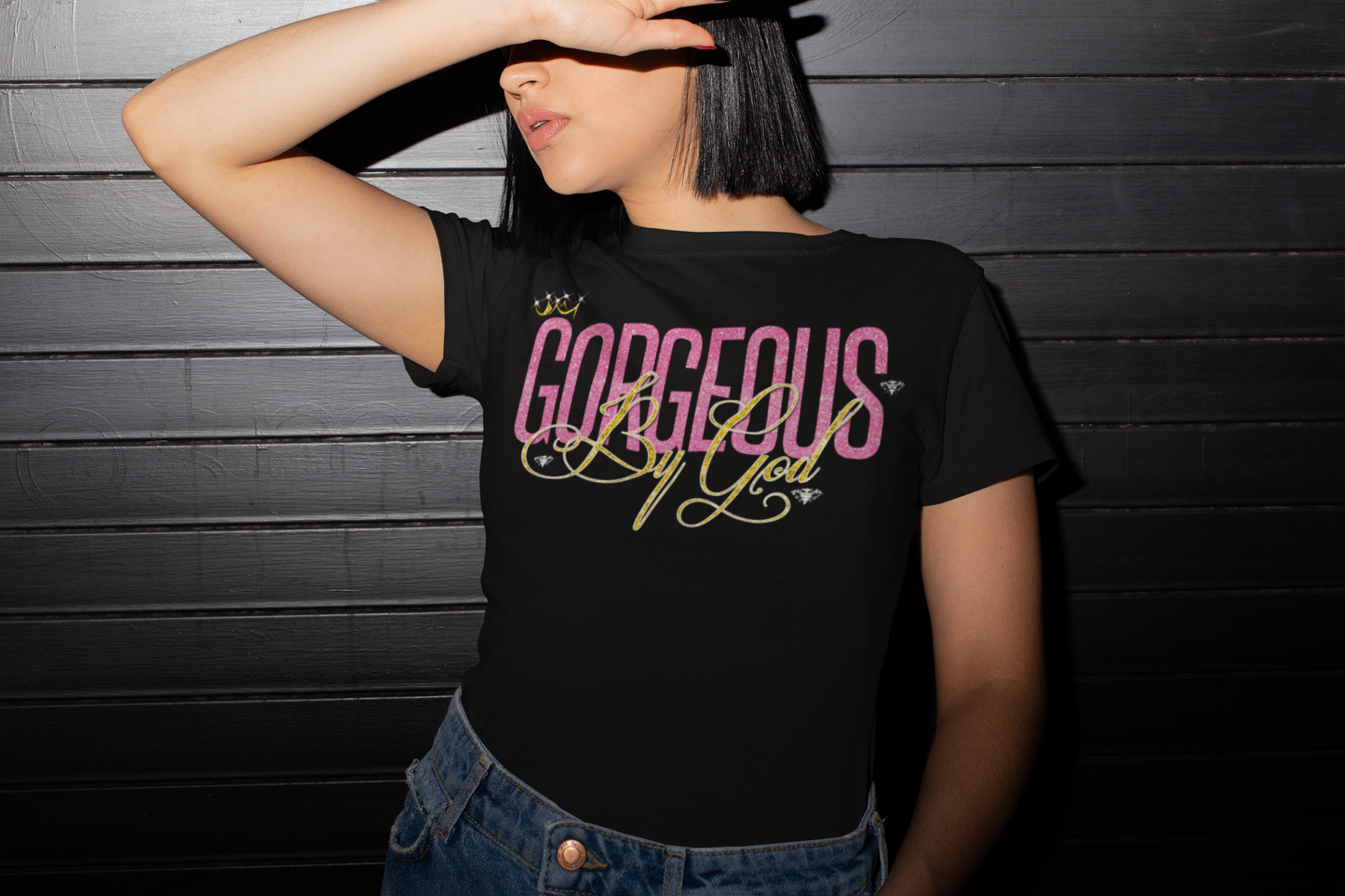 Gorgeous By God Gold Glitter Signature T- Shirt